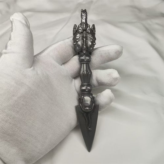 Handmade brass Phurba Vajra with Horsehead and Three-Faced Purba, used in Tibetan Buddhist ceremonies for spiritual protection and purification.