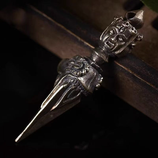 Handcrafted brass three-faced Phurba with horse head cross Vajra, inspired by Tibetan Buddhist ritual implements culture and authentic Buddhist ritual implements art.