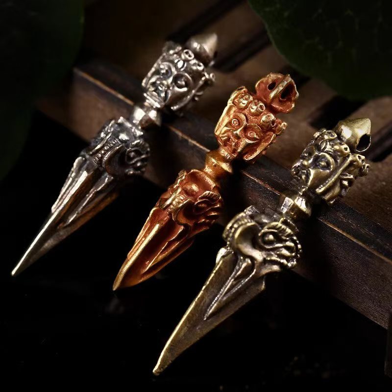 Traditional brass Phurba with horse head cross Vajra, handcrafted in Tibetan Buddhist ritual implements culture style, representing authentic Buddhist ritual implements art.