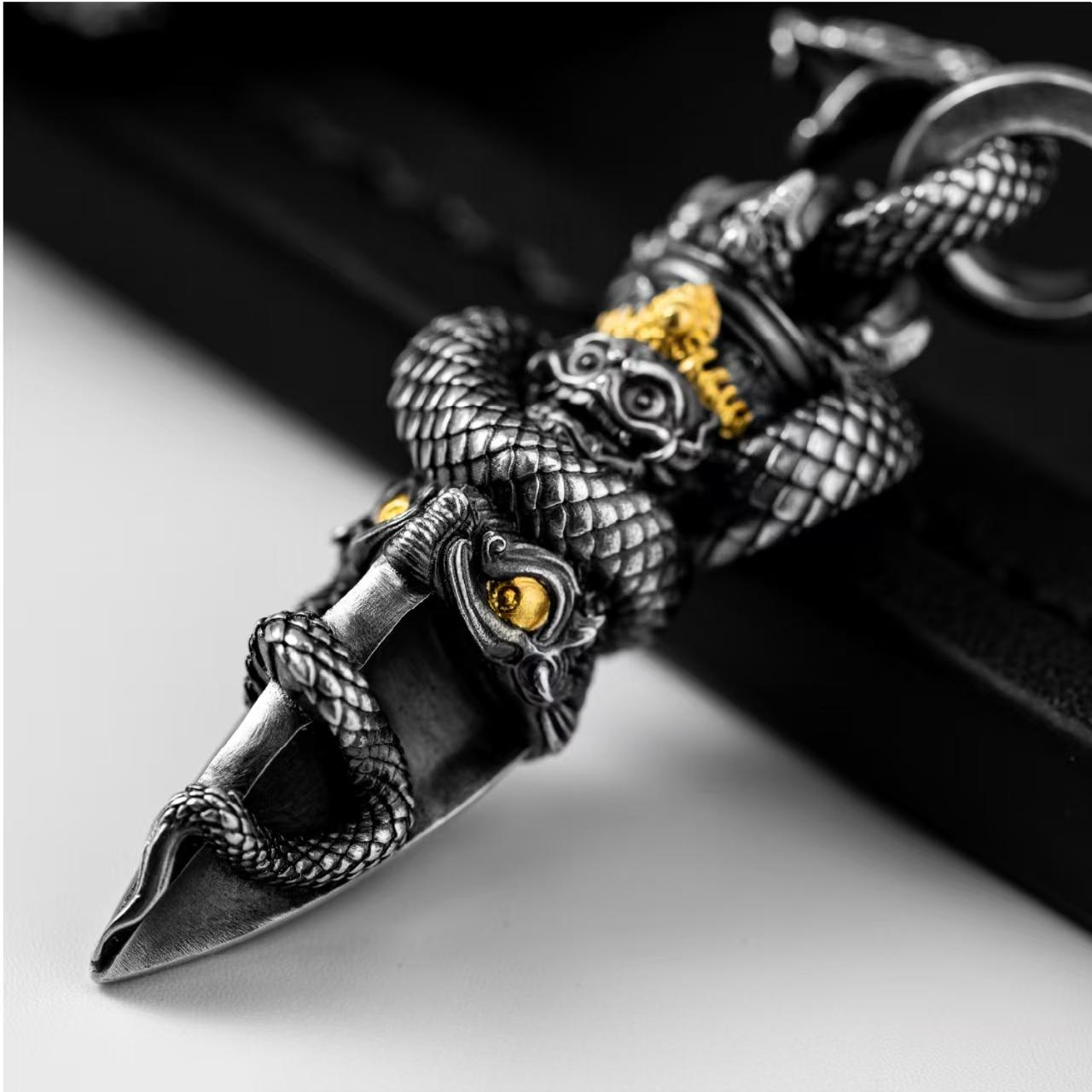 Silver Vajra Naga dagger pendant, handcrafted in Tibetan Buddhist ritual implements culture style, representing authentic Buddhist ritual implements art.