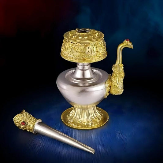 A premium piece of Buddhist sacrificial items art featuring a handcrafted copper Bumba pitcher, reflecting the deep Tibetan Buddhist sacrificial implements culture and spiritual heritage.