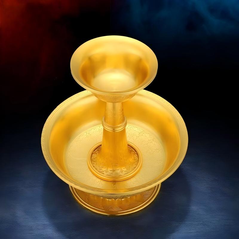 Tibetan Buddhist sacrificial implements culture: Artisan crafted pure silver gold-plated Protector Deity cup, highlighting the unique textures of handmade Tibetan metalwork and Buddhist sacrificial items art.