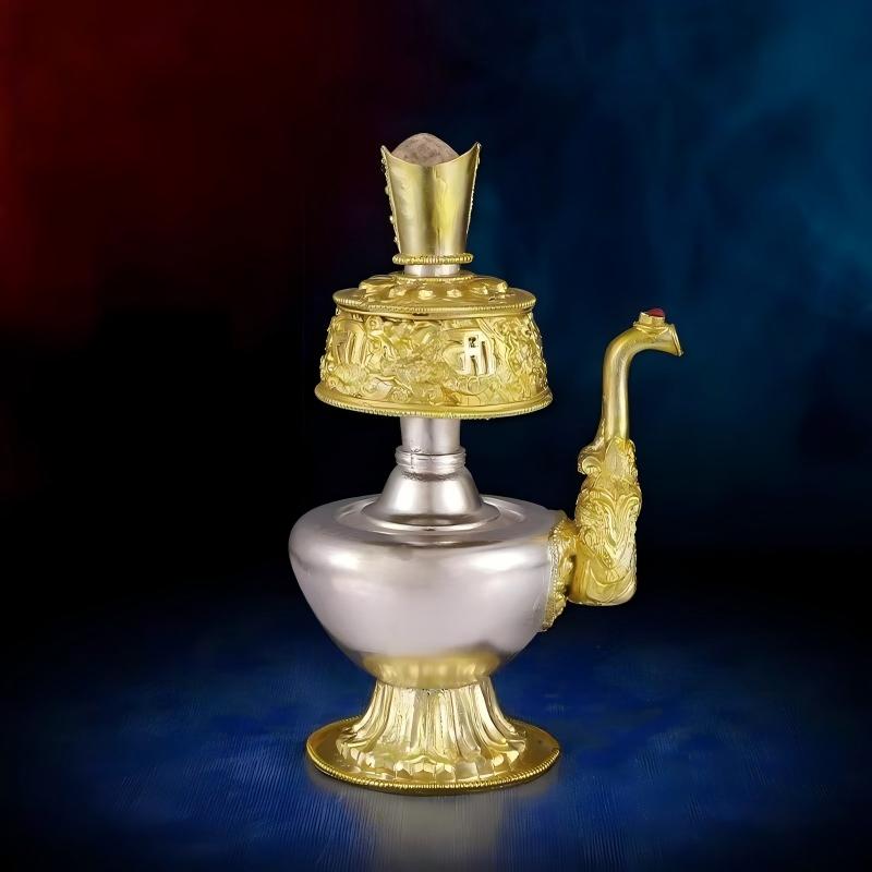 Traditional Tibetan Buddhist sacrificial implements culture ritual Bumba pitcher, gilded in silver and copper, used for holy water blessing ceremonies in Buddhist temples.