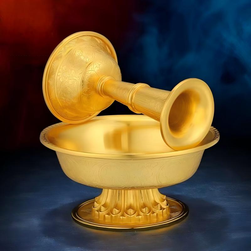 Tibetan Buddhist sacrificial implements culture: High-quality sterling silver offering bowl for rituals, blending sacred Buddhist sacrificial items art with elegant gold-plated craftsmanship for meditation spaces.