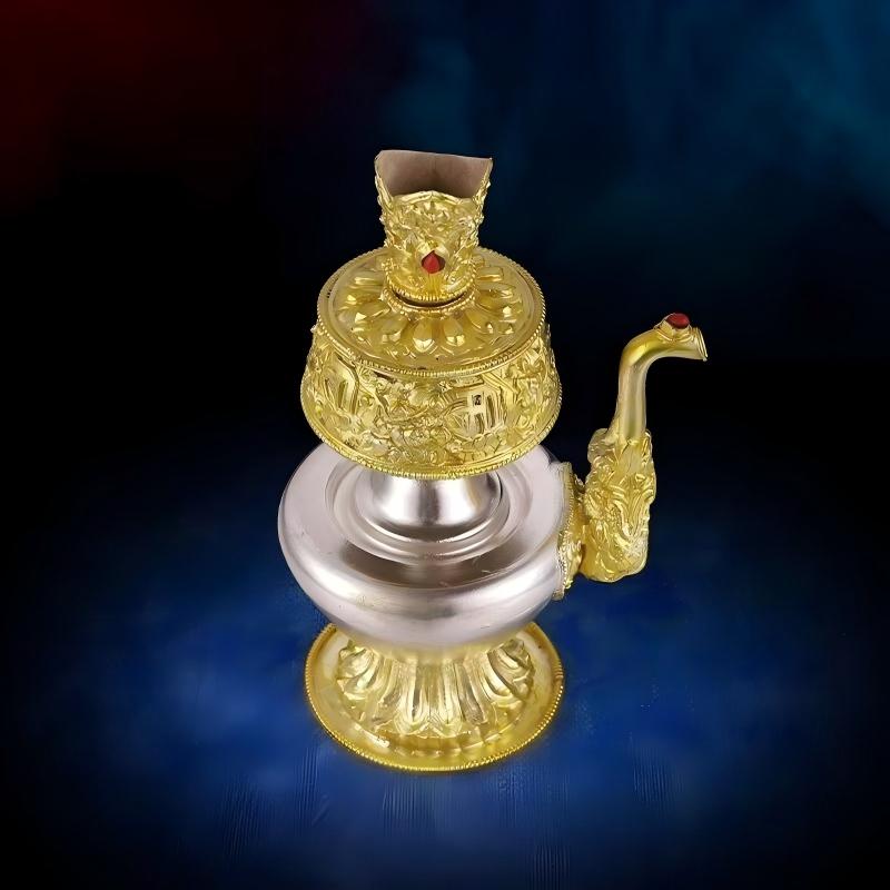 Nepal style gilt Bumba flask as a significant part of Buddhist sacrificial items art, representing the intricate metal casting of Tibetan Buddhist sacrificial implements culture.