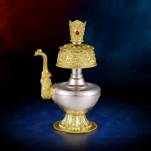 Handcrafted Tibetan Buddhist sacrificial implements culture Bumba Vase made of pure copper with exquisite gilt gold and silver finish, showcasing traditional Nepal metalwork for altar decoration.