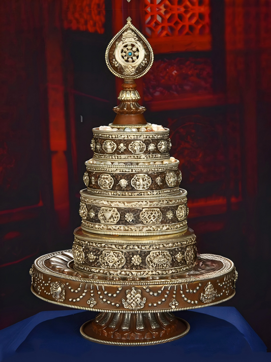 Gilded silver Mandala ritual plate with brass, handcrafted, part of Tibetan Buddhist sacrificial implements culture, showcasing Buddhist sacrificial items art