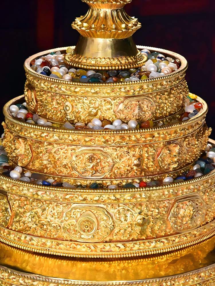 Nepal Copper Mandala Plate with gilded gemstone inlay, handcrafted, 64cm tall, part of Tibetan Buddhist sacrificial implements culture, showcasing Buddhist sacrificial items art