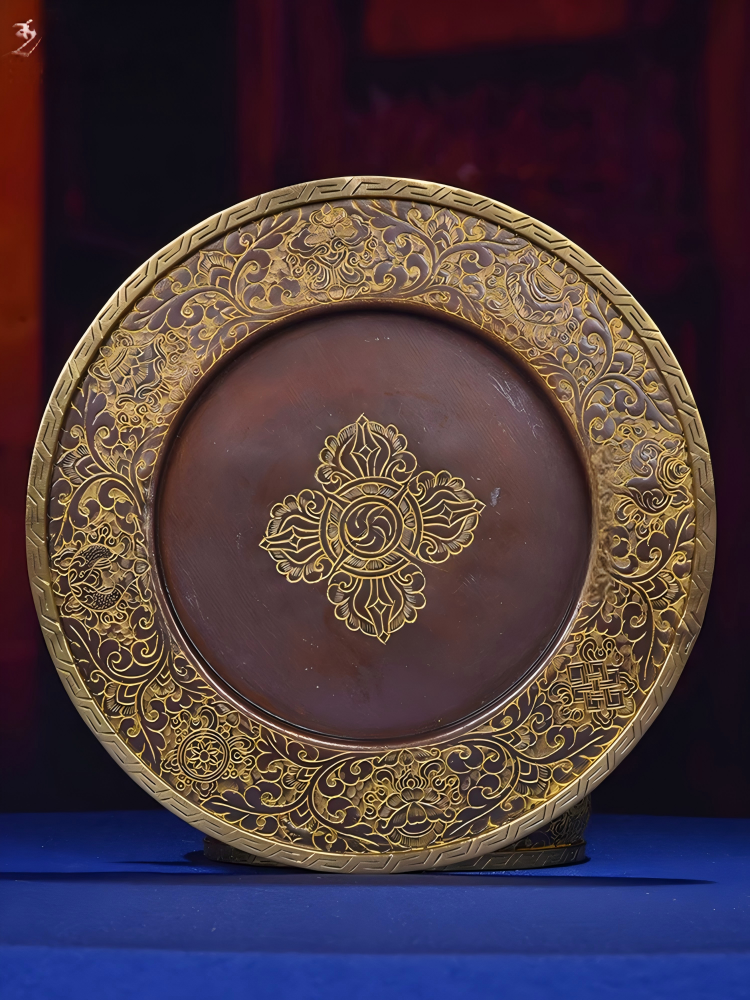 Handcrafted Nepal Copper Mandala Plate, 28cm height, Tibetan Buddhist sacrificial implements culture, representing Buddhist sacrificial items art