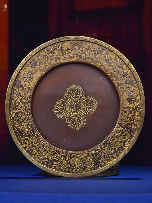 Handcrafted Nepal Copper Mandala Plate, 28cm height, Tibetan Buddhist sacrificial implements culture, representing Buddhist sacrificial items art