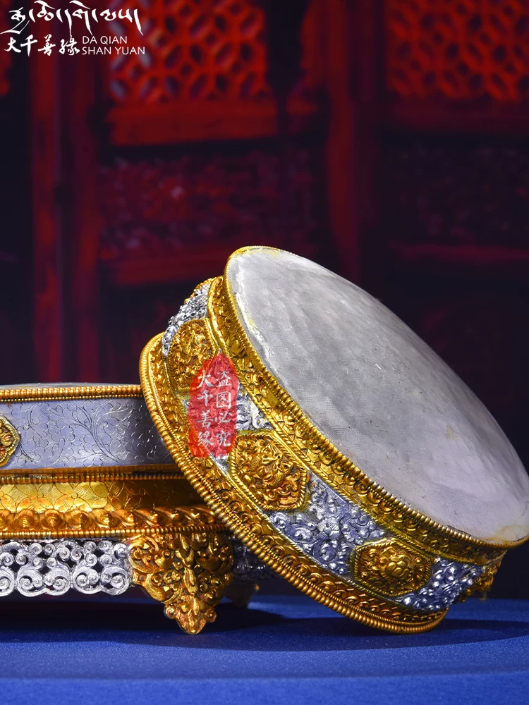 Handcrafted Nepal Mandala Plate in copper, gilded gold and silver, 42cm height, Tibetan Buddhist sacrificial implements culture, representing Buddhist sacrificial items art