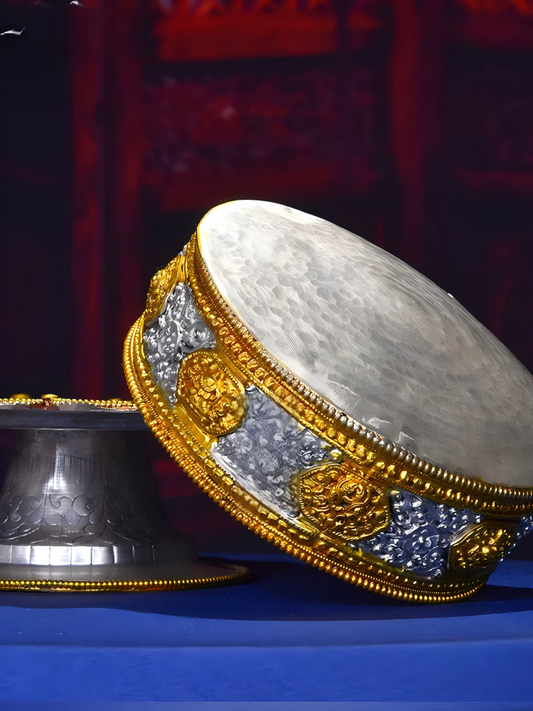 Handcrafted Nepal Mandala Plate in copper, gilded gold and silver, 39cm height, Tibetan Buddhist sacrificial implements culture, representing Buddhist sacrificial items art
