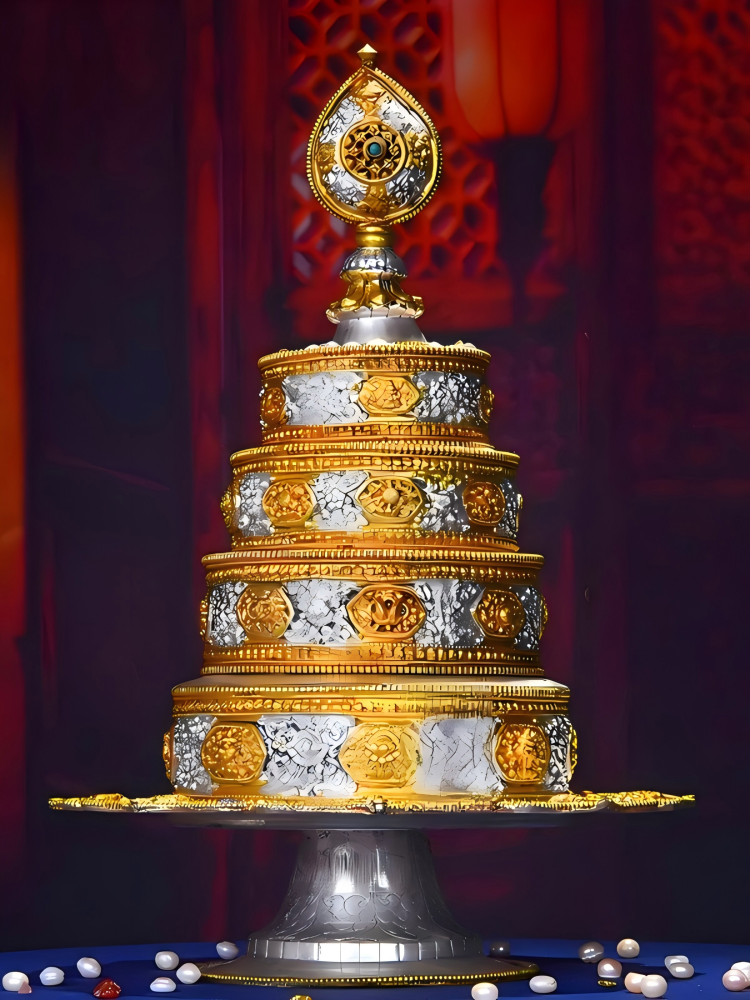 Nepal gilded gold and silver Mandala ritual plate in copper, handcrafted, part of Tibetan Buddhist sacrificial implements culture, showcasing Buddhist sacrificial items art