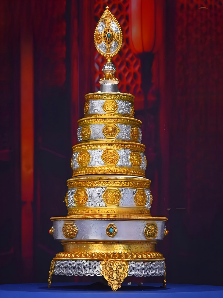 Nepal gilded gold and silver Mandala ritual plate in copper, handcrafted, part of Tibetan Buddhist sacrificial implements culture, showcasing Buddhist sacrificial items art