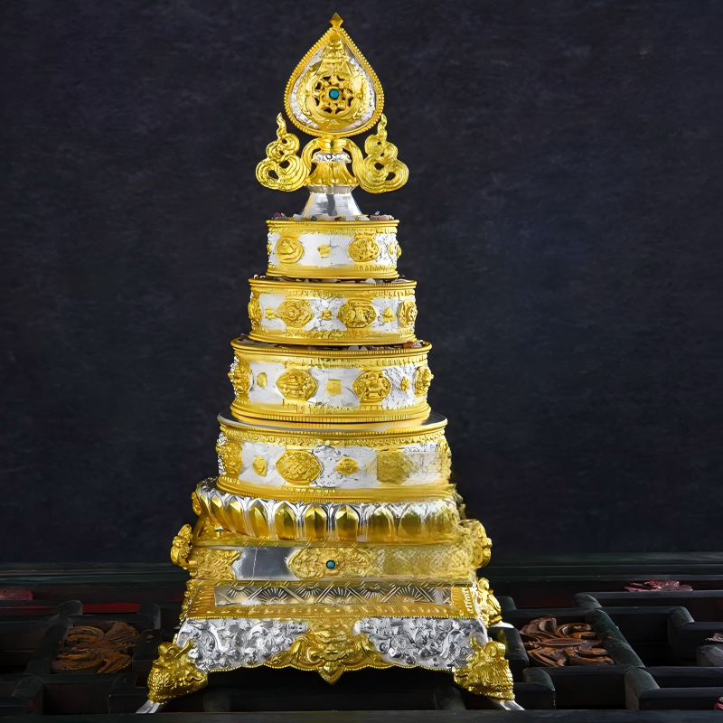 Nepal gilded gold and silver Mandala ritual plate in copper, handcrafted, part of Tibetan Buddhist sacrificial implements culture, showcasing Buddhist sacrificial items art