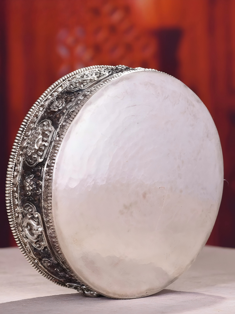 Temple Altar Nepal Copper Mandala Plate, 32cm height, handcrafted, Tibetan Buddhist sacrificial implements culture, example of Buddhist sacrificial items art