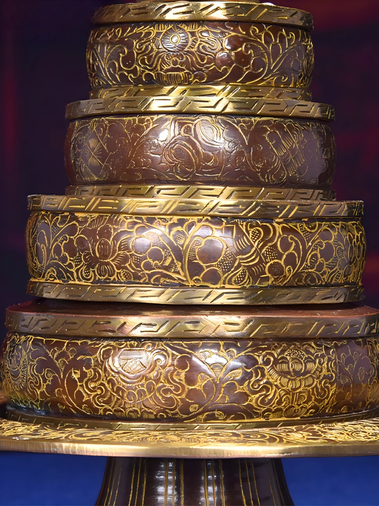 Temple Altar Nepal Copper Mandala Plate, 28cm height, handcrafted, Tibetan Buddhist sacrificial implements culture, example of Buddhist sacrificial items art