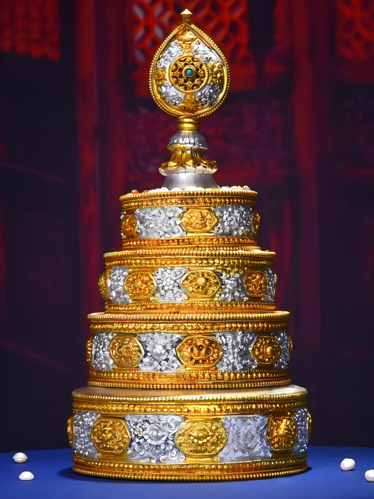 Temple altar Nepal Mandala Plate, 39cm tall, handcrafted in copper with gilded gold and silver, Tibetan Buddhist sacrificial implements culture, example of Buddhist sacrificial items art