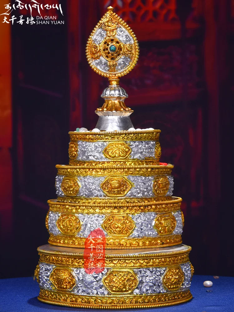 Temple altar Nepal Mandala Plate, 42cm tall, handcrafted in copper with gilded gold and silver, Tibetan Buddhist sacrificial implements culture, example of Buddhist sacrificial items art