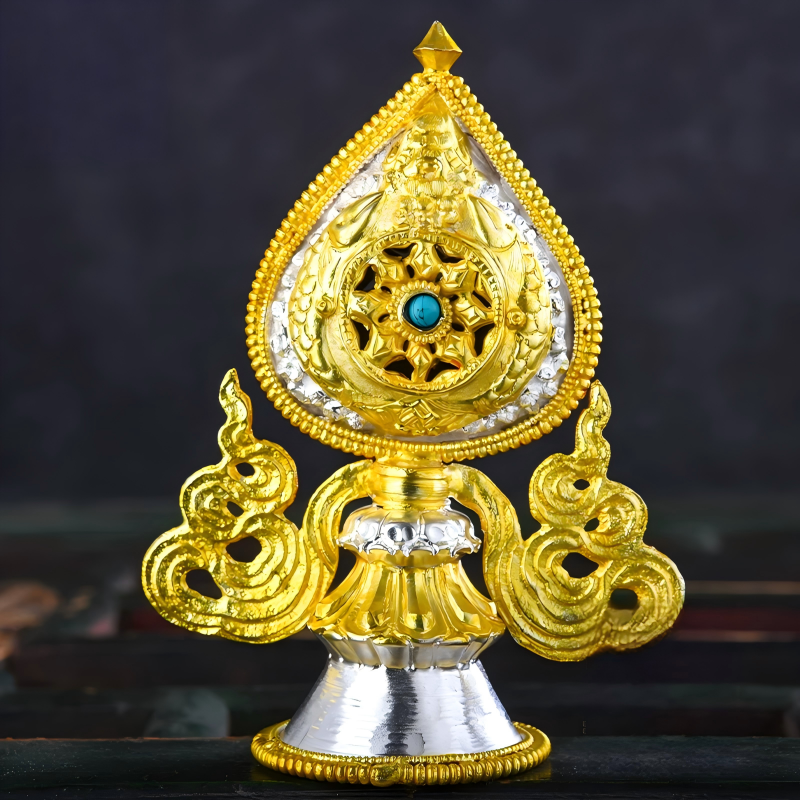 Temple altar Nepal Mandala Plate, 47cm tall, handcrafted in copper with gilded gold and silver, Tibetan Buddhist sacrificial implements culture, example of Buddhist sacrificial items art