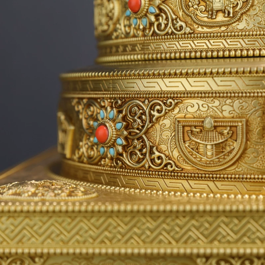 Temple altar 37 Offering Mandala, handcrafted brass with gemstones, Tibetan Buddhist sacrificial implements culture, designed for Buddhist offerings and sacred rituals