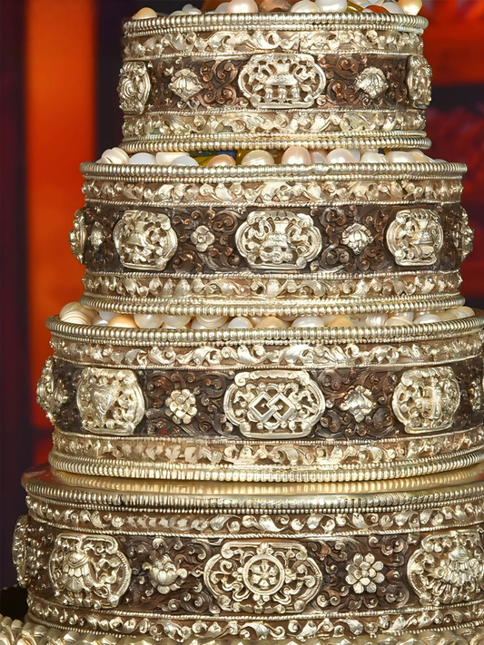 Handcrafted gilded silver Mandala Plate with brass, Tibetan Buddhist sacrificial implements culture ritual item, representing Buddhist sacrificial items art