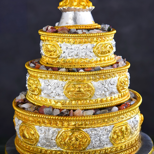 Handcrafted Nepal blue Mandala Plate, 26cm height, 10cm base, 17cm dish, in copper with 24k gold and silver gilding, Tibetan Buddhist sacrificial implements culture, for altar offerings, representing Buddhist sacrificial items art