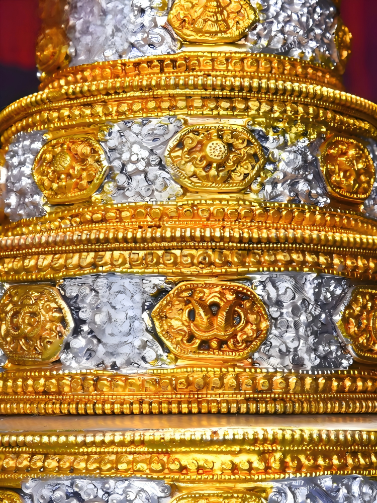 Handcrafted Nepal Mandala Plate, 39cm height, 16cm inner plate, 25.5cm tray, 13.8cm base, copper with gilded gold and silver, Tibetan Buddhist sacrificial implements culture, for altar offerings, representing Buddhist sacrificial items art