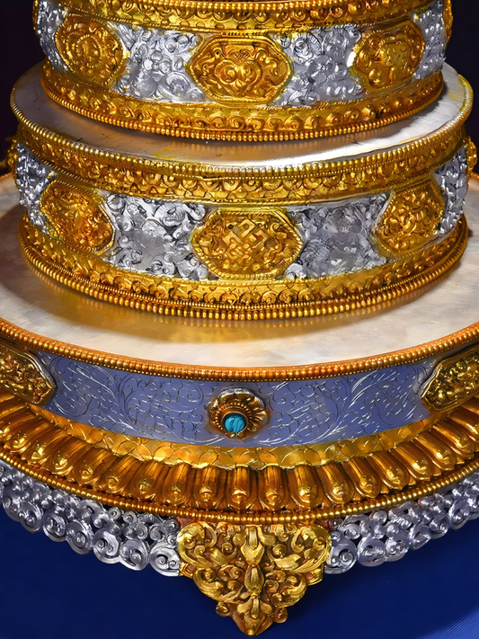 Handcrafted Nepal Mandala Plate, 42cm height, 16cm inner plate, 21.7cm tray, copper with gilded gold and silver, Tibetan Buddhist sacrificial implements culture, for altar offerings, representing Buddhist sacrificial items art