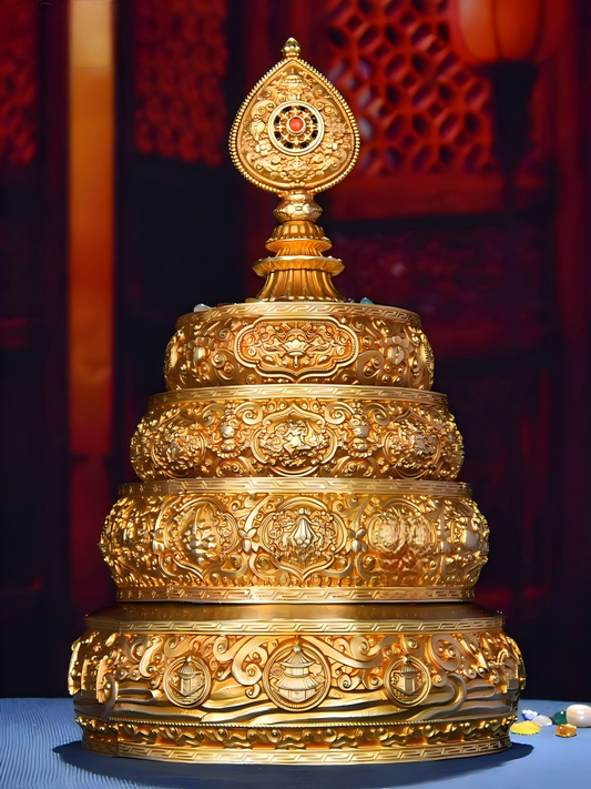 Ritual 37 offering mandala plate with stand, handcrafted 484 copper Tibetan Buddhist sacrificial implements culture piece for Buddhist altar offerings