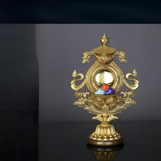 Handcrafted brass Eight Auspicious Treasures set for Tibetan Buddhist offerings, showcasing exquisite sacrificial implements art for desktop display.