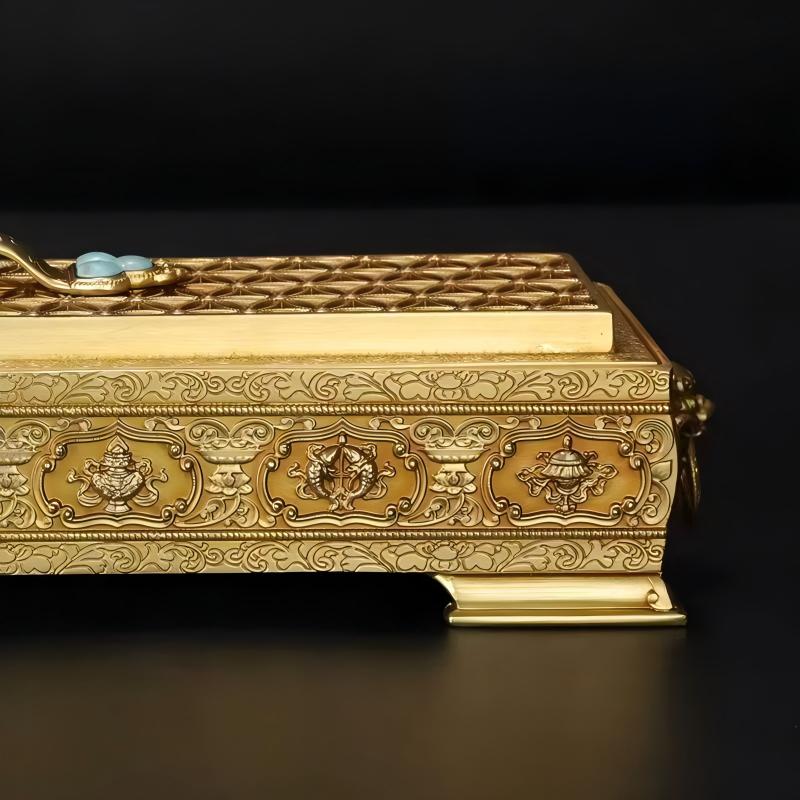 Brass incense box with Eight Auspicious Symbols, handcrafted for Tibetan Buddhist altar use, showcasing sacrificial implements culture and Buddhist sacrificial items art.