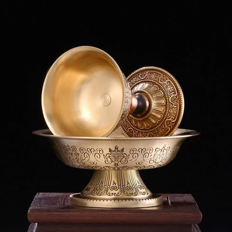 Tibetan-style 12cm Eight Auspicious Offerings cup, handcrafted for altar use, showcasing Tibetan Buddhist sacrificial implements culture and Buddhist sacrificial items art.