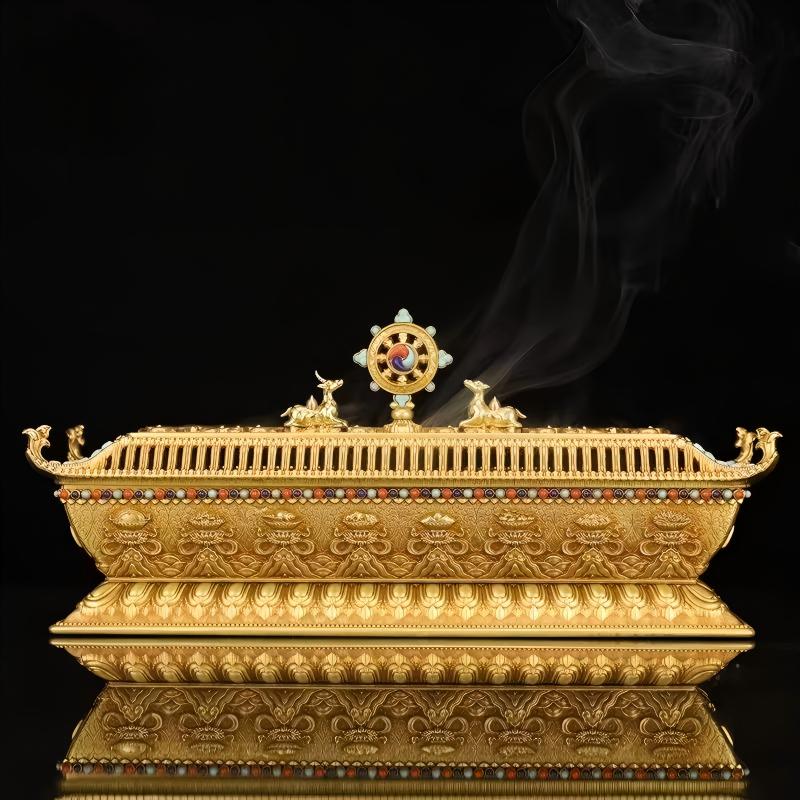 Tibetan-style 30cm brass home incense burner, handcrafted to showcase Tibetan Buddhist sacrificial implements culture and Buddhist sacrificial items art.
