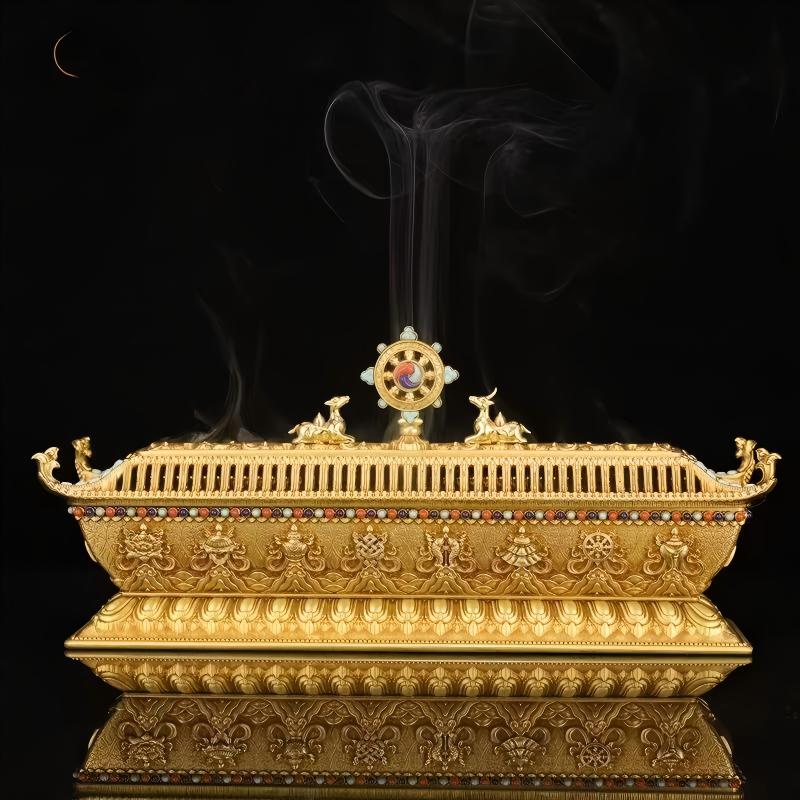 Handmade 30cm small brass incense box for home use, designed in Tibetan Buddhist sacrificial implements culture style, highlighting Buddhist sacrificial items art.