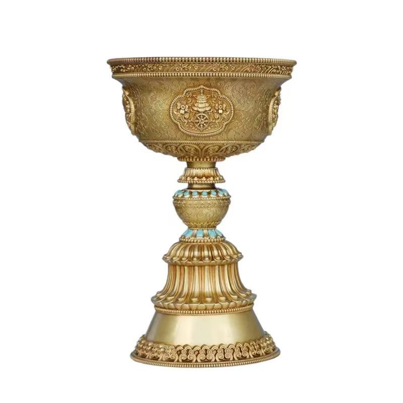 Handmade brass Tibetan butter lamp for altar use, designed to highlight Tibetan Buddhist sacrificial implements culture and traditional Buddhist sacrificial items art.