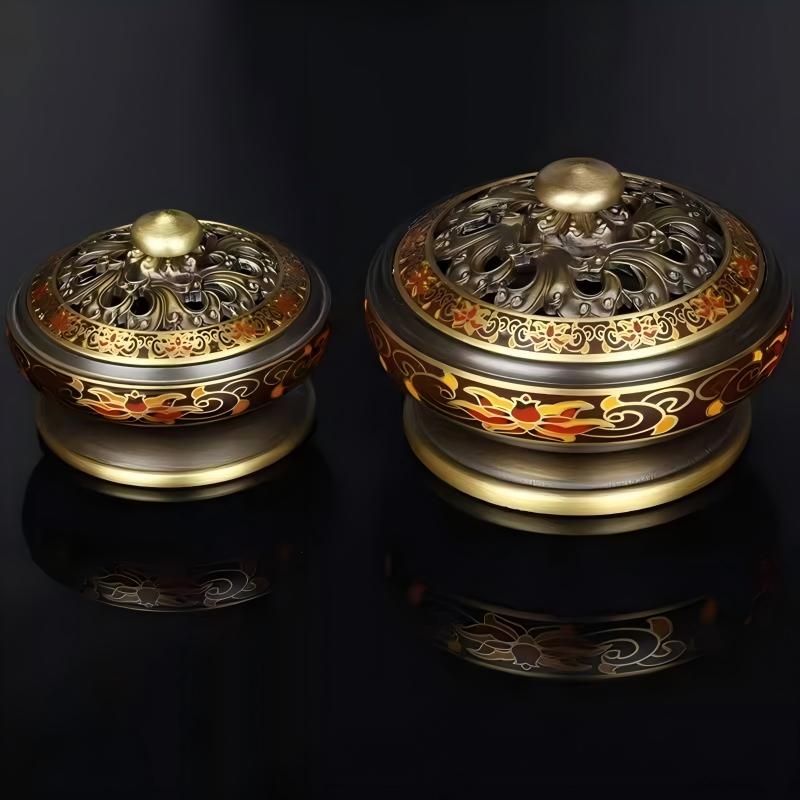 Tibetan-style small round brass incense tray, handcrafted for altar or home use, showcasing Tibetan Buddhist sacrificial implements culture and Buddhist sacrificial items art.