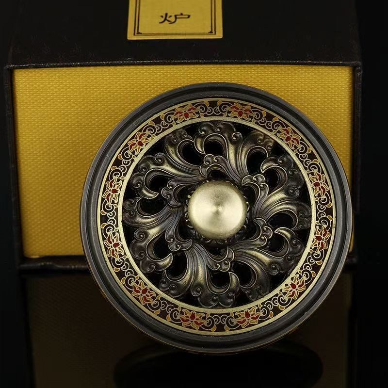 Handmade brass enamel incense plate for Buddhist altar, crafted to reflect Tibetan Buddhist sacrificial implements culture and traditional Buddhist sacrificial items art.