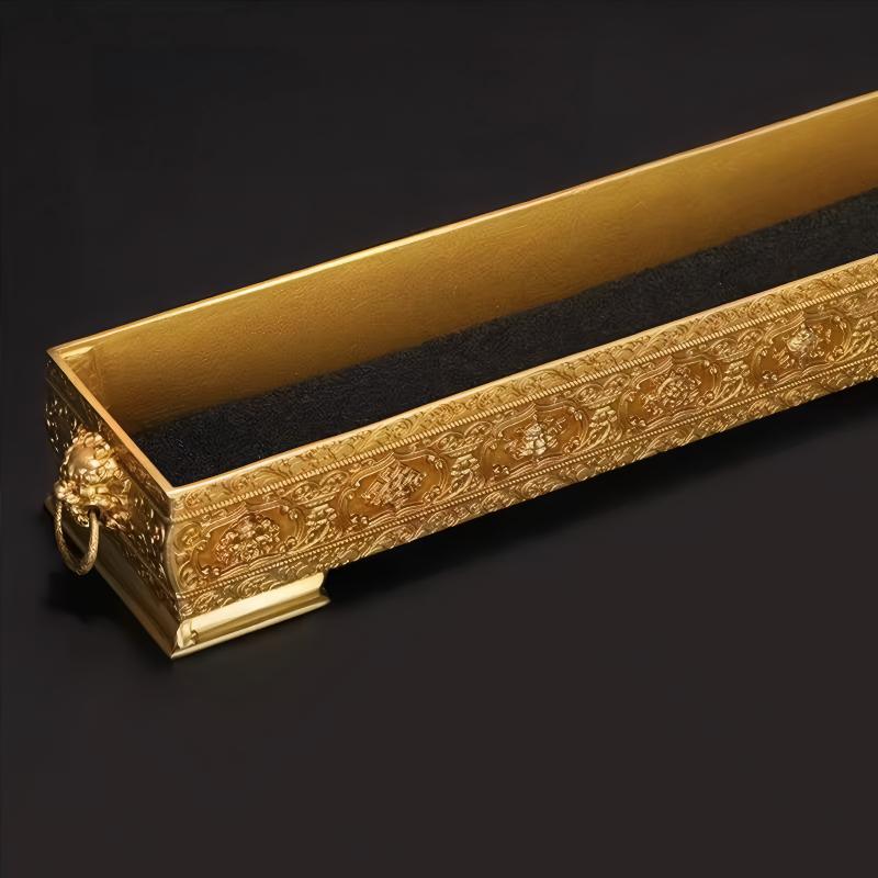 Golden brass short incense tray for altar use, handcrafted in Tibetan Buddhist style, showcasing sacrificial implements culture and Buddhist sacrificial items art.