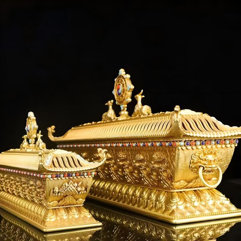 30cm brass Baoyu reclining incense holder for sandalwood, handcrafted to reflect Tibetan Buddhist sacrificial implements culture and traditional Buddhist sacrificial items art.