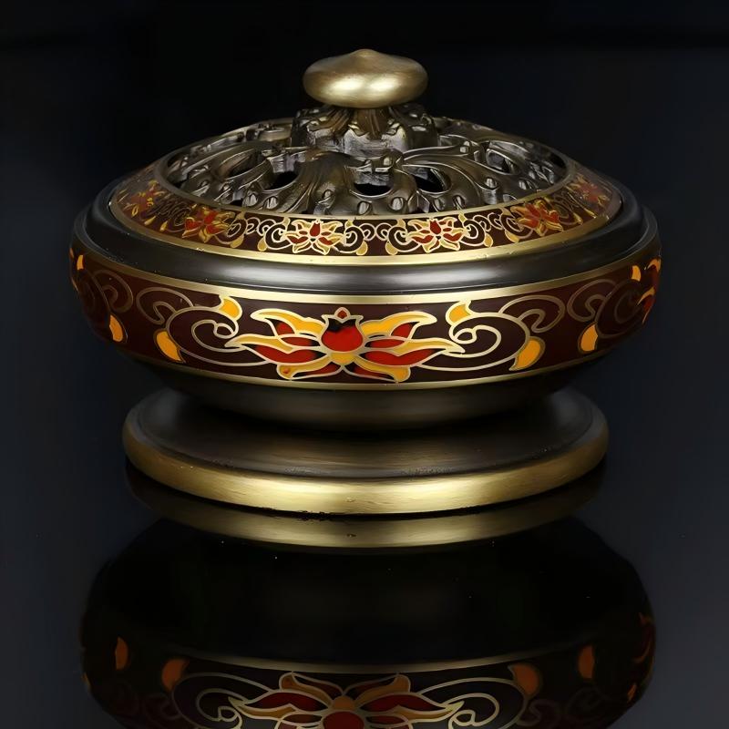 10cm brass enamel round incense burner, ideal for home, meditation, or altar use, highlighting Tibetan Buddhist sacrificial implements culture and exquisite sacrificial items art.