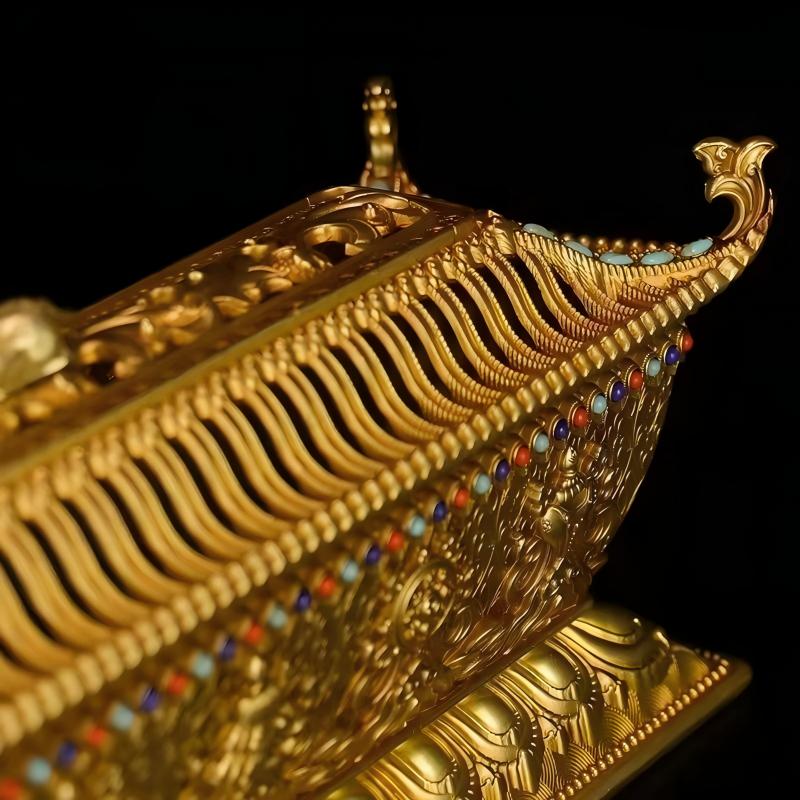 Handcrafted 30cm Tibetan brass incense burner for office or home, inspired by Tibetan Buddhist sacrificial implements culture and exquisite sacrificial items art.
