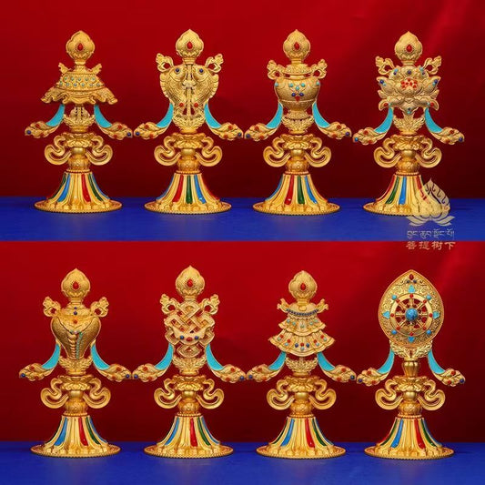 Mini 9cm handcrafted Eight Auspicious Symbols ornament, representing Tibetan Buddhist sacrificial implements culture and exquisite sacrificial items art.