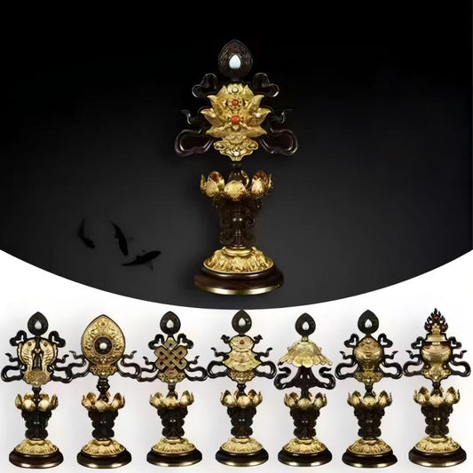 Handcrafted 25cm bronze Ashtamangala eight auspicious symbols, Tibetan Buddhist ritual art for home altar and sacred offerings
