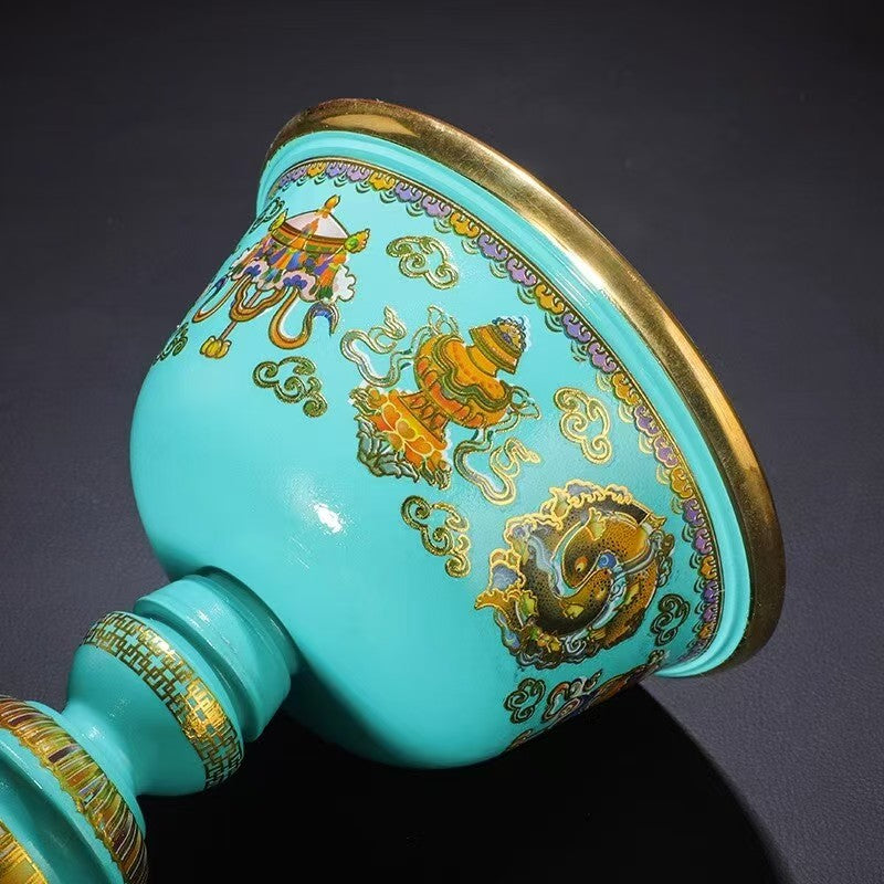 Handcrafted bronze butter lamp base with enamel design, Tibetan Buddhist altar offering holder for home and temple