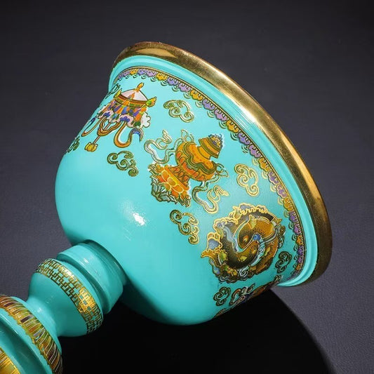 Handcrafted bronze butter lamp base with enamel design, Tibetan Buddhist altar offering holder for home and temple