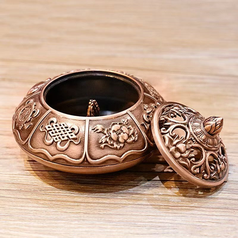 Handcrafted Tibetan alloy incense burner with Ashtamangala symbols, traditional plate incense burner for Tibetan Buddhist home ritual use, 10cm