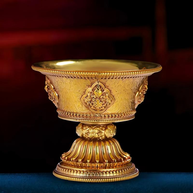 Handcrafted thick copper high-foot offering cup with Ashtamangala eight auspicious symbols, Tibetan Buddhist sacred water cup for home altar, 9cm