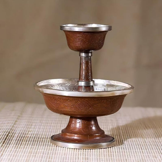 Handcrafted Nepalese copper Guardian Cup with Ashtamangala design, Tibetan Buddhist offering bowl for home altar, 10cm