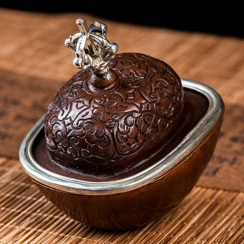 Handcrafted copper Toba with floral carvings, Tibetan Buddhist offering bowl for home altar, spiritual ritual decoration, 9cm